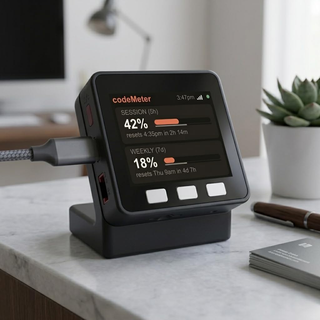 codeMeter Claude Code Usage Monitor, WiFi AI Coding Limit Tracker, 5 Hour and Weekly Usage Display, Anthropic Usage Meter, Developer Desk Gadget, Vibe Coding Gift (USB-C Black)