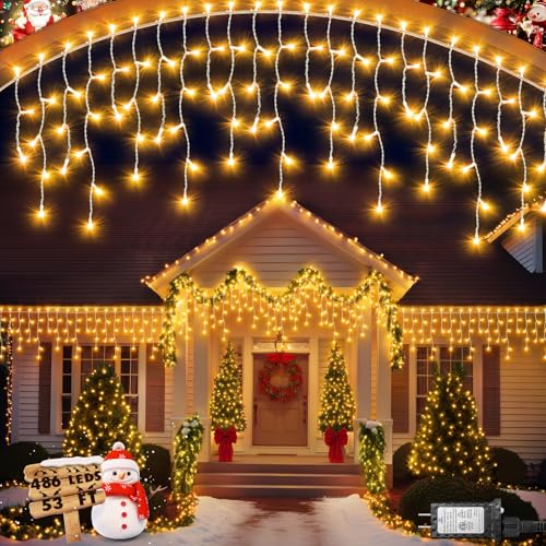 2 Pack 53FT 486 LED Christmas Lights Outdoor, Plug in Waterproof Christmas Lights for Outside, Timer & Memory, 8 Modes Hanging Fairy Light for House Eaves Yard Patio Wedding Decorations, Warm White by JIXXULVU - Used condition - US$19.20
