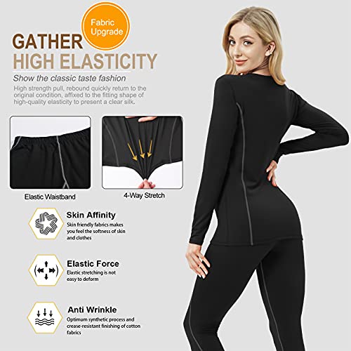 Meethoo Thermal Underwear For Women, Winter Warm Base Layer Compression Set, Fleece Lined Long Johns Running Skiing Black, Large #TOP3
