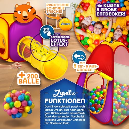 KIDUKU® 3-teiliges Bällebad Spielzelt Babyzelt + Krabbeltunnel + 200 Bälle + Tasche für drinnen und draußen