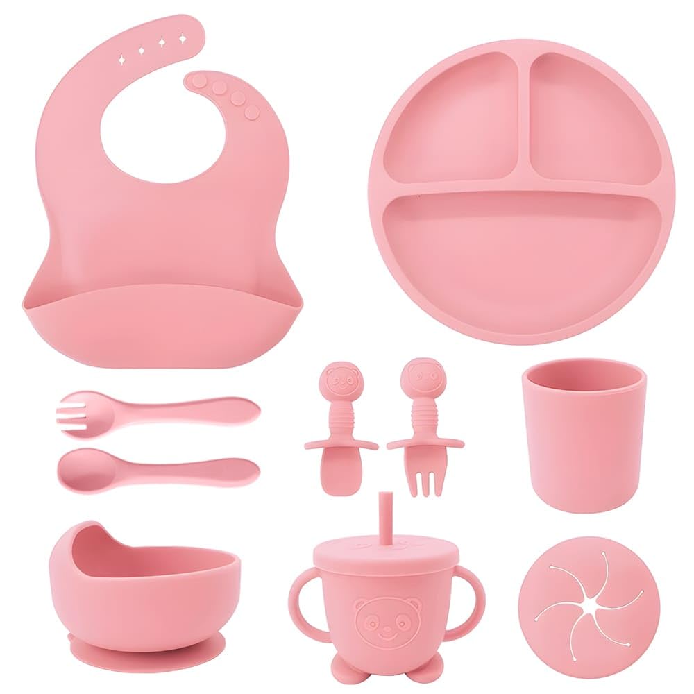 10-Piece Baby Weaning Set, Silicone Baby Plate Set with Suction, Baby Utensils with Adjustable Divided Bib, Cutlery, Spoons, and Straw, BABY FEEDING SET (PINK)