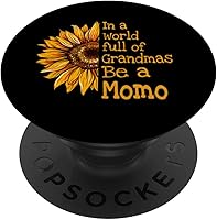 Vista 1 de PopSockets PopGrip estándar con texto en inglés «In A World Of Grandmas Be a Momo»