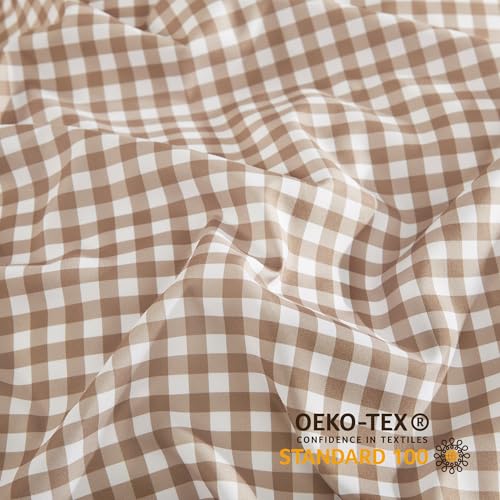 Image of Andency Gingham Duvet Cover King Size, Tan Brown Checkered Plaid Bedding Set, 3 Pieces Soft Prewashed Polyester Comforter Cover with Zipper Closure & Corner Ties