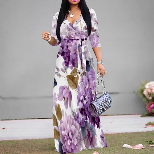 Image of SUZONANA Plus Size Dresses for Women Floral Print Maxi Dress Flowy 3 /4 Sleeve with Belt