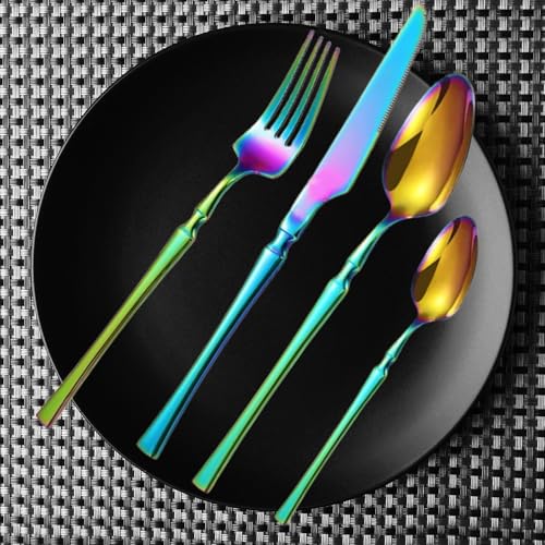 Image of aDai Rainbow Silverware Set | Satin Finish 16-Piece Korean Vintage Style Flatware Set | Dishwasher Safe Stainless Steel Cutlery for Home, Restaurant & Gifting