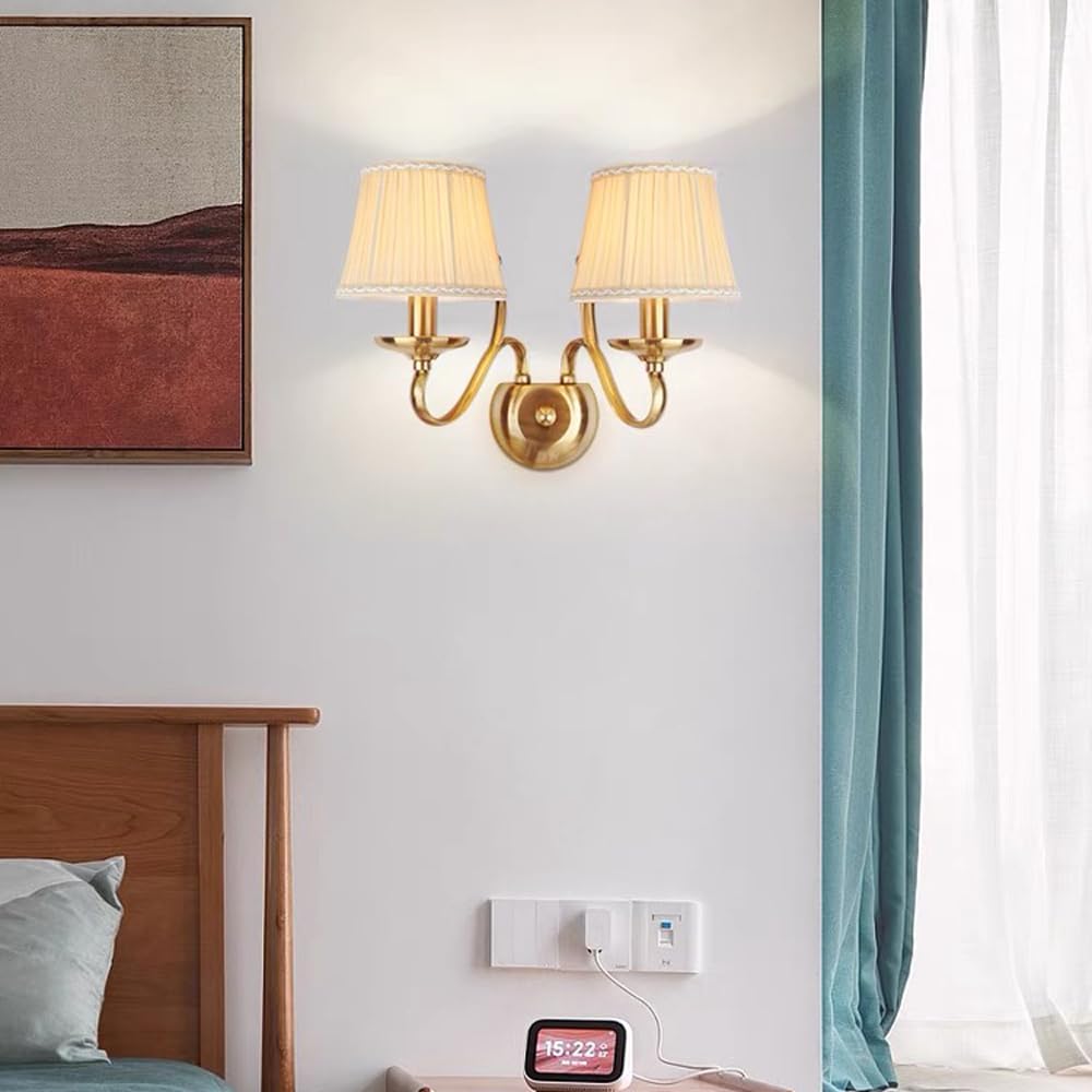 Wandleuchte aus antikem Messing, Retro-Stil, rustikaler Stil, mit Lampenschirm aus Plissee-Stoff, Mitte des Jahrhunderts, aus Kristall, E14, dekorative Lampe für Schlafzimmer, 2 Kopf