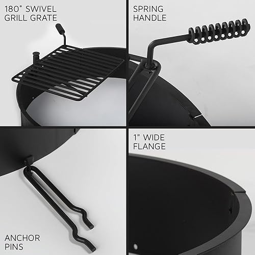 Miniatura 3 de Ash & Ember - Anillo de acero para hoguera de 24 pulgadas con rejilla de cocción, rejilla giratoria de 15.5 x 19.5 pulgadas con mango de resorte,