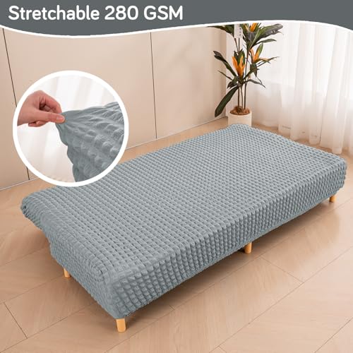 Image of HOKIPO Armless Sofa Cover for Sofa Cum Bed, 280 GSM Stretchable Elastic Futon Slipcover, 'Aria Nova' (Large) Light Grey (AR-6703-LGRY)