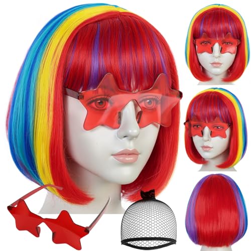 Image of ANOGOL Hair Cap + (Sunglasses) Rainbow Bob Wig with Bangs Womens Party Wigs with Star-Shaped Glasses Short Neon Wig Daily Party Fun Wigs Women Halloween Costume Bachelorette Hair