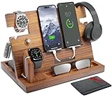 Eterluck Wooden Docking Station Men, Nightstand Organizer Bundle w/ RFID Blocking Leather Wallet - Charging Station, Cell Phone Stand, Tablet Stand, Husband Gifts from Wife, for Dad - Walnut