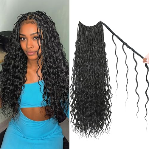 Boho Crochet Braids Pure Protein Fiber Close to Human Hair 20 Inch 10 Packs Goddess Box Braids with Soft Curls Bohemian Braids Crochet Hair for Black Women(20Inch 1B#)