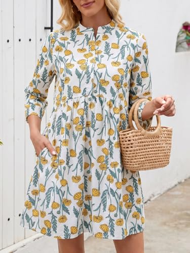 Image of EZAPINE Floral Dress for Women 3 /4 Sleeve Shift Boho Cotton Shirt Dresses | Button Up,Summer,Mini,Above Knee,Casual,for Picnic,Vacation
