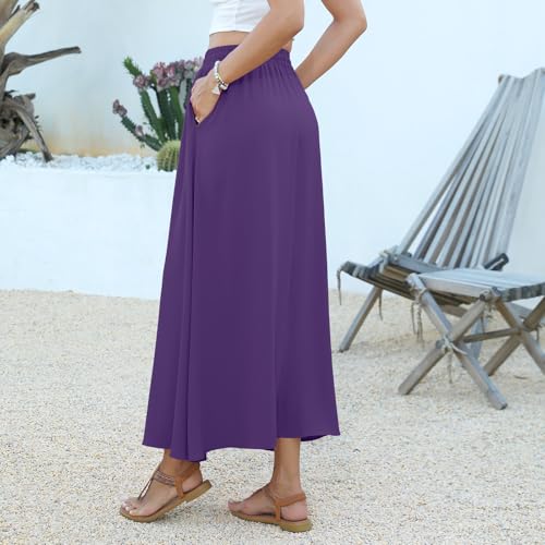 Women's Flowy Maxi Skirt Pleated High Waisted Summer Casual Long Skirts with Pockets4