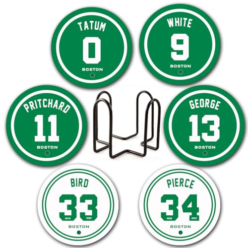 Celtic Coasters for Drinks, Boston Basketball Ceramic Coasters Set of 6, Celtic Gifts for Men, with Holder