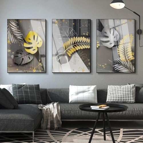 Feuilles d'or affiches peinture triptyque grand mur vide salon