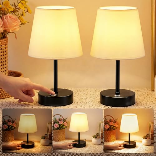 Image of Warmiehomy Touch Bedside Lamps Set of 2, 3-Level Dimmable Cordless Vintage Table Lamp, USB Rechargeable Small Touch Lamps Bedside Night Light for Bedroom Living Room Nightstand (Bulb Included), Black