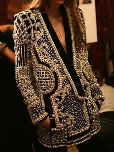Pearl Suits-Women's Beaded Pearl Suit Top Pattern Printed Jacket Long Sleeved Blazer Coat2