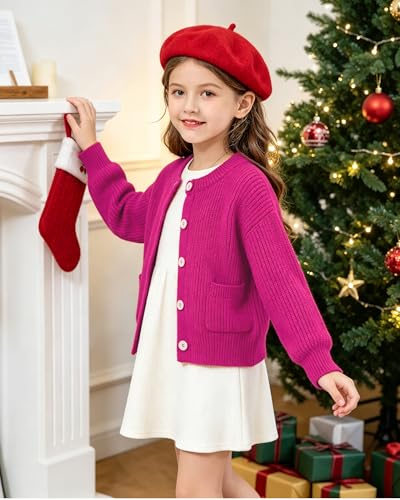 Image of Girls Cardigan Chunky Knit Uniform Sweater with Pockets 5-14Y