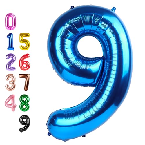 Image of 9 Balloon Number Blue 40 inch Number Balloons for 9th Birthday Decorations | Saturated Color, Large 40 in, With Inflation Straw & Hanging Hole, Great for Men's Party, Back-To-School Season, Pool Party