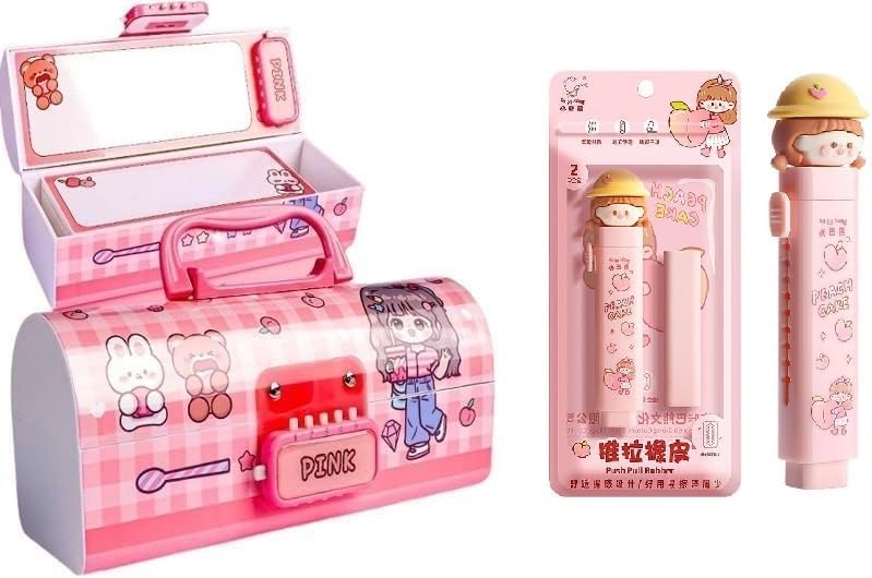 New Cartoon Theme Pencil Box with Push Pull Eraser Set for Kids | Suitcase Style Password Lock Stationery Organizer | School Supplies Gift Combo for Boys & Girls (Pink Beauty + Eraser)