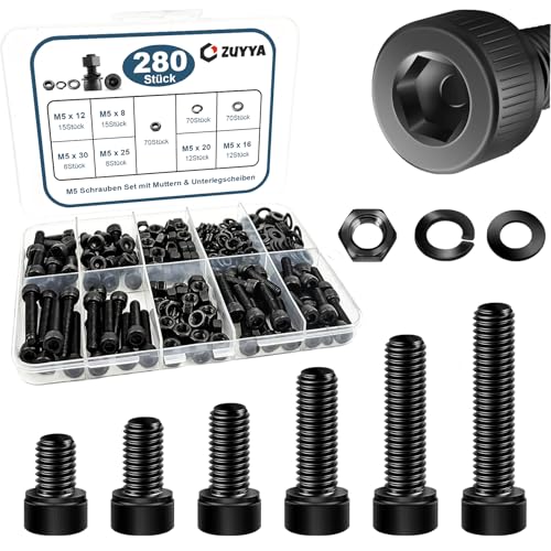 Zuyya 280 Stück M5 Schrauben Set Innensechskant Zylinderkopfschrauben Set mit Muttern und Unterlegscheiben M5 Schrauben Schwarz Maschinenschrauben Kohlenstoffstahl Gewindeschrauben Set