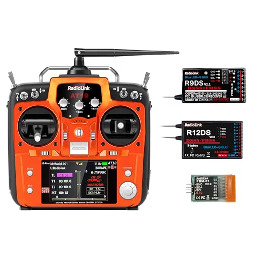 Radiolink AT10II 2.4G 12 Channels RC Transmitter and Two Receivers R12DS/R9DS Set Radio Controller Airplane Voltage Monitor for RC FPV Aircraft, Quad, Helicopter and More(3 Pcs)