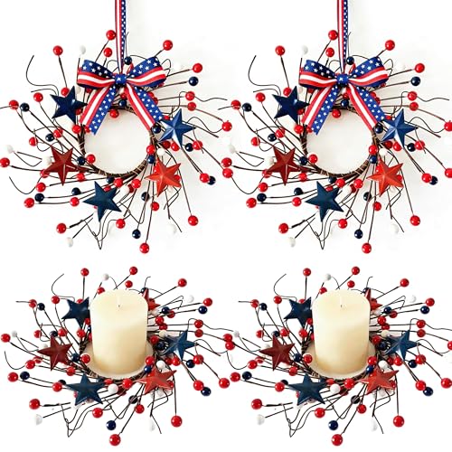 Nextholix 4 Pcs Patriotic Swags Wreaths Red White Blue Star Berry Wreath Mini Kitchen Cabinet Candle Rings Wreaths for 4th of July Independence Day Veterans Day Front Door Porch Indoor Outdoor Decor