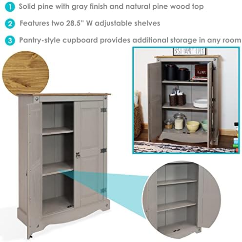 Sunnydaze 43-Inch H 2-Door, 2-Shelf Solid Pine Kitchen Pantry Cabinet - Zinc Alloy Hinges and Door Pulls - Gray