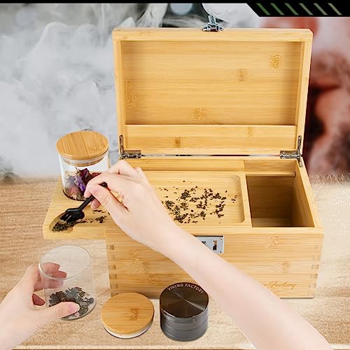 Viking Factory Large Bamboo Box With Combination Lock Decorative Box For Home Locking Storage Box -Premium Removable Tray, With Glass Jar #TOP3