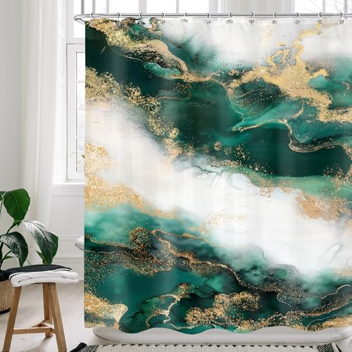 Cinbloo Emerald Green Shower Curtain 60Wx72H Abstract Marble Ombre Gold Modern Teal Turquoise Aesthetic Luxury Texture Golden Crack Neutral Bathroom Decor with 12 Hooks