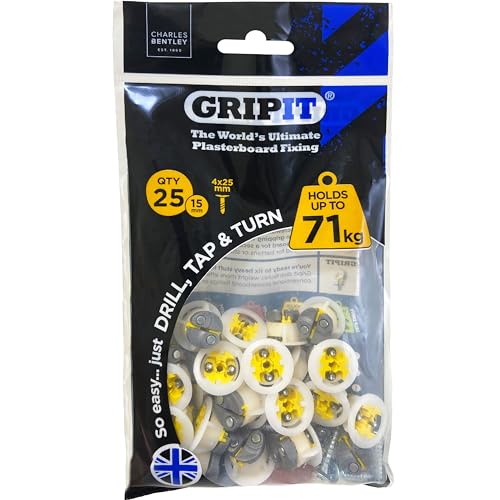 Gripit Yellow Plasterboard Fixings - Pack of 25 - Heavy Duty Stud Wall fixings - Plasterboard Anchors - Ideal for Blinds Curtains Mirrors & Frames - Easy Install - Holds Up to 71kg - UK Designed