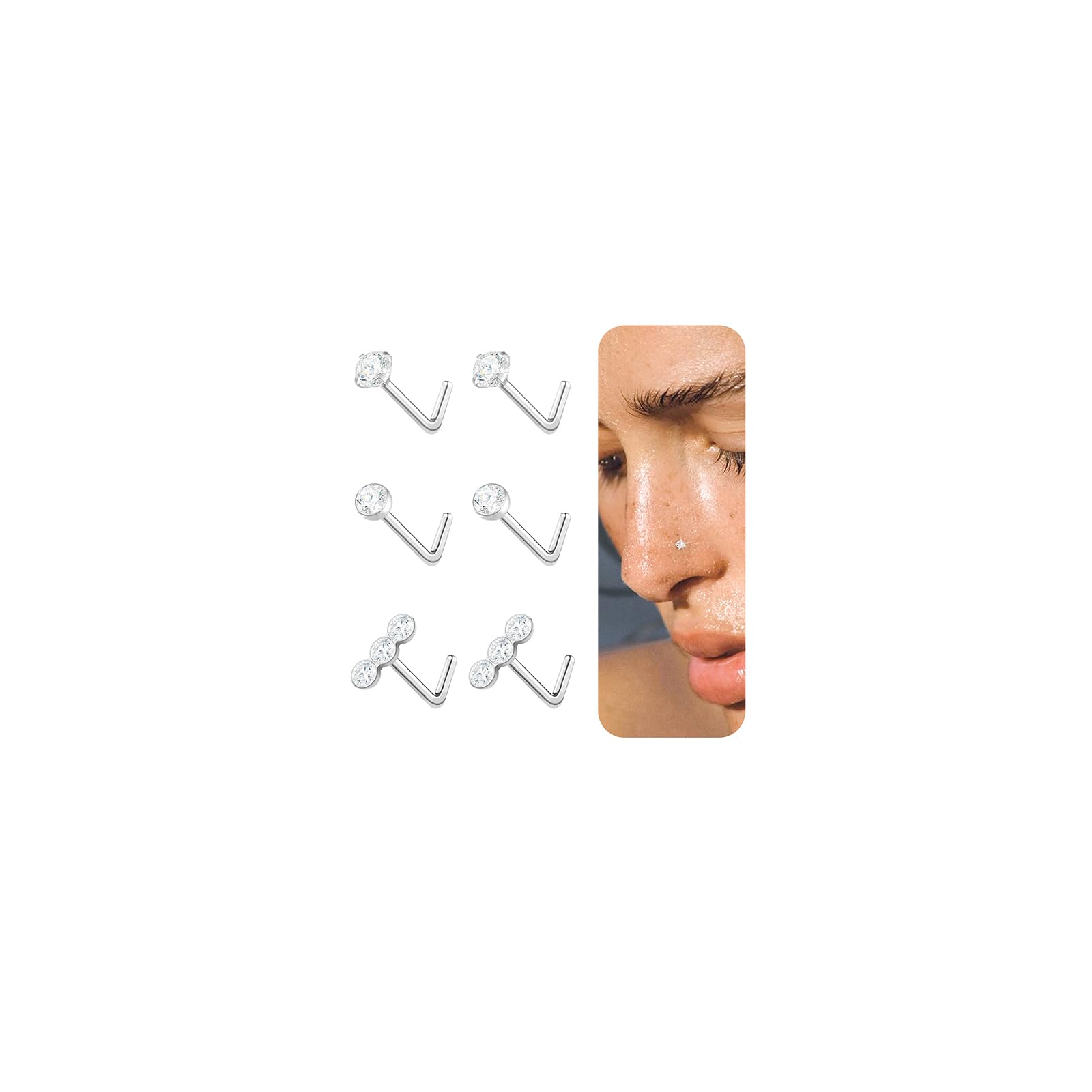 DAILI Nasenpiercing Stecker,Hypoallergen Gold Silber 316L Chirurgenstahl Edelstahl L-Form Nasenpiercing Set mit klein Zirkonia Nasenstecker Nostril Piercing Rings Schmuck für Frauen Männer 20G