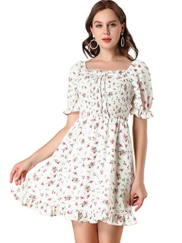 Allegra K Damen Sommerkleider Kurzarm Blumen Schatz Hals Rüschen Minikleid...