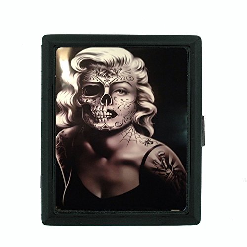 Sugar Skull D12 Small Black Metal Cigarette Case Day of The Dead Dia De Los Muertos Mexican Folk Art