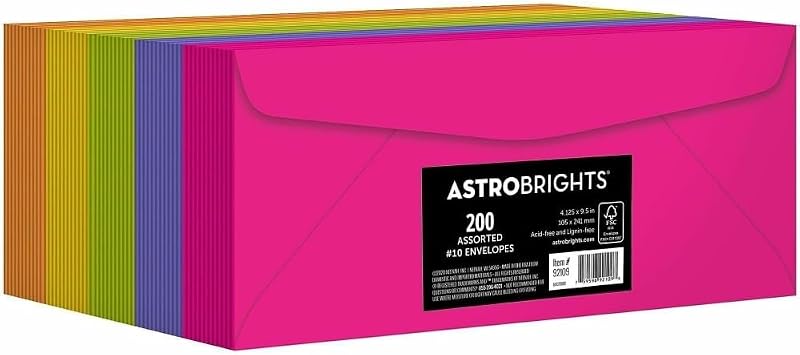 Astrobrights Color 10 Envelopes, 4.125" x 9.5", 24 Lb/89 Gsm,#34;Happy" 5-Color Assortment, 200 Pack 92109