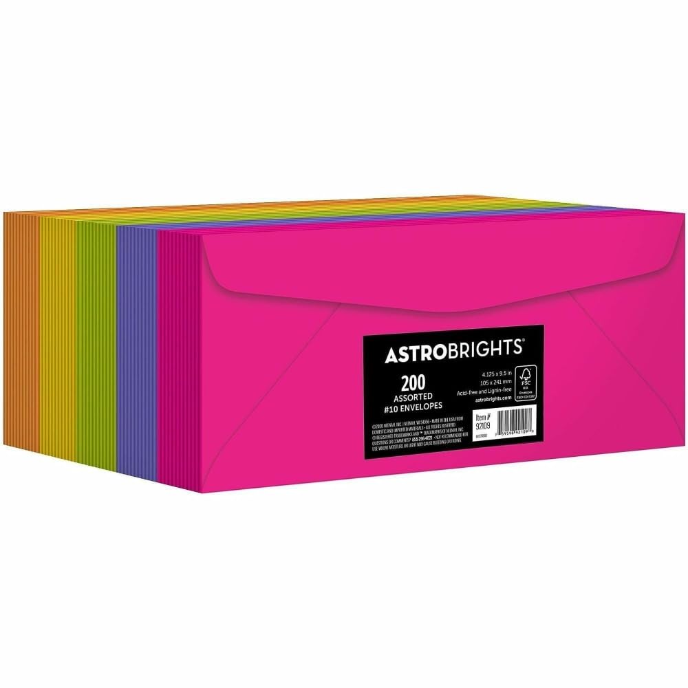 Astrobrights Kolorowe 10 kopert, 10,5 cm x 24,1 cm, 10,9 kg/89 GSM, szczęśliwy asortyment 5 kolorów, 200 sztuk (92109)