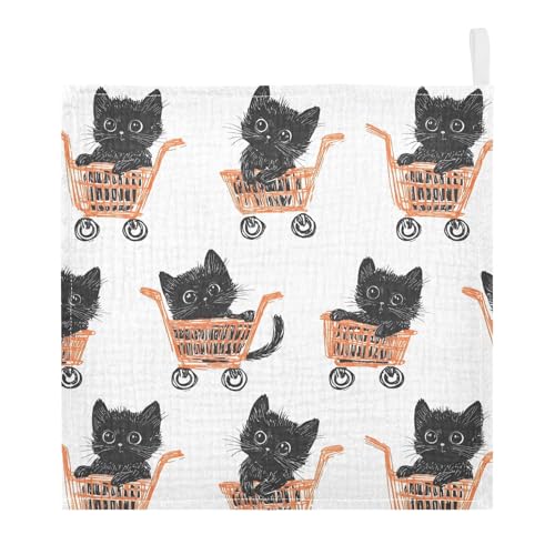 vvfelixl Baby Muslin Washcloths Black Cat Go Shopping Baby Burp Cloths Cotton Babys Face Towel for Newborn Infants Boys Girls Soft and Absorbent 11.8 X 11.8 in, 3 Pack
