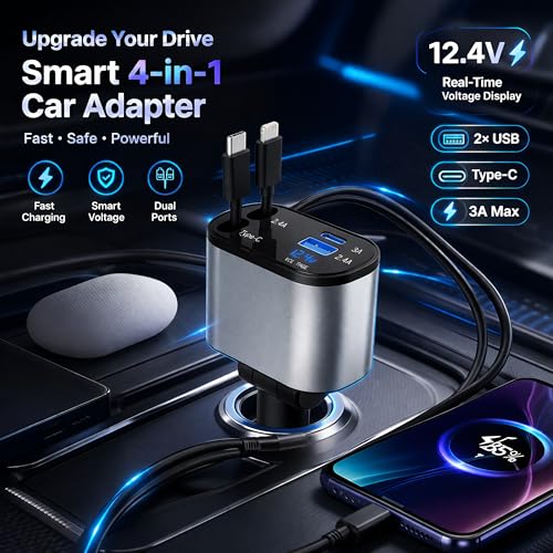 Image of Upix 4-in-1 Retractable Car Charger 120W Super Fast Charging, Dual Ports Car Adapter with Type-C & Lightning Cable for iPhone, Android, ipad - Compact & Tangle-Free