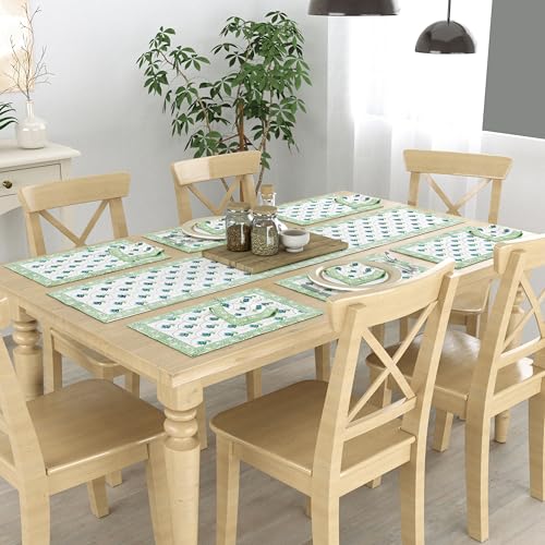 Image of BLOCKS OF INDIA Hand Block Printed Cotton Table Runner, Mat and Napkin Set of 13 pc for Center /Dining Table (Green Blue Buti)