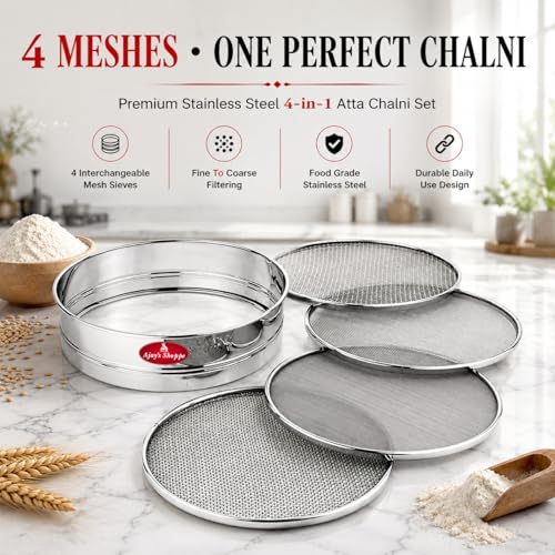 Image of Ajay's Shoppe Stainless Steel 4-in-1 Flour Sieve Set 20 CM | Atta Chalni with 4 Interchangeable Mesh Sieves for Maida, Besan, Suji & Spice Straining