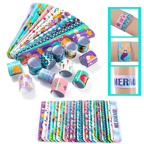 Golray 48 Pcs Mermaid Slap Bracelets For Kids Girls Snap Bracelet Bands Mermaid Toys Party Favors Classroom Prize Gifts, Meramid Party Favors Goodie Bags Fillers #TOP4