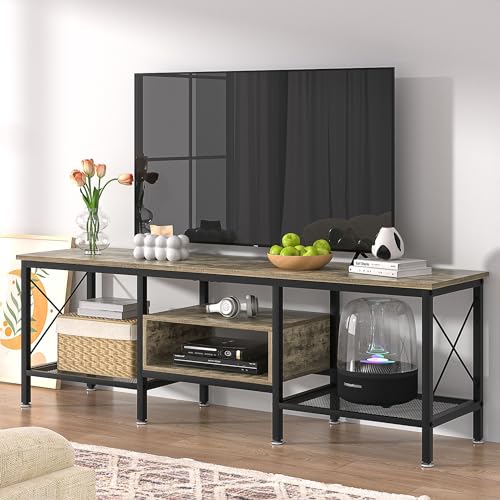 Image of VECELO Industrial TV Stand for 70 Inch Television Cabinet 3-Tier Console with Open Storage Shelves, Entertainment Center Metal Frame for Living Room, Bedroom, 63 Inch, Light Grey