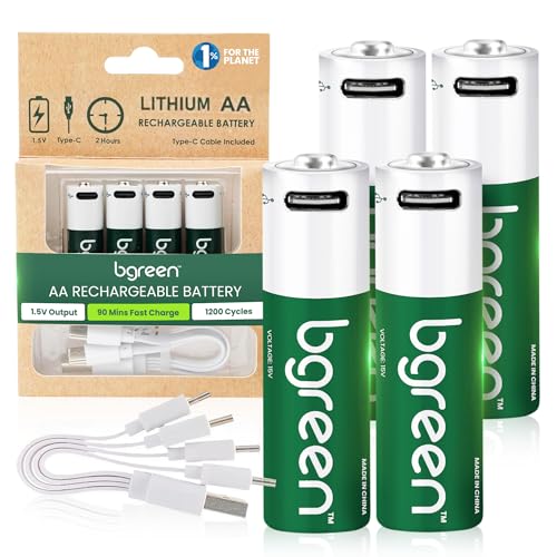 bgreen USB-C Rechargeable AA Batteries, 4 Pack, 3400 mWh, High Output, 4-in-1 Charging Cable Included, 1 Hour Fast Charge