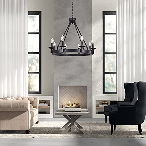 Wellmet Black Farmhouse Chandeliers Wagon Wheel, Industrial 8 Lights Iron Lighting Candle Style 28", Rustic Hanging Ceiling Light Fixture Dining Room Kitchen Island Bedroom Living Room Foyer Hallway #TOP3