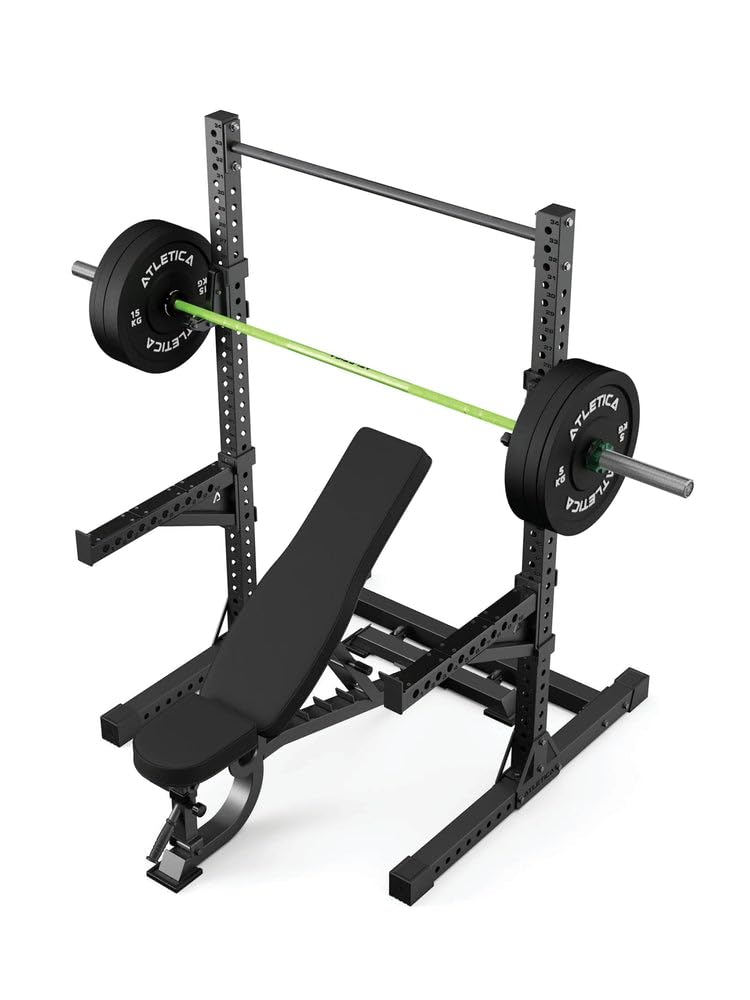ATLETICA R7 Squat Rack | Kit Storm | Banc incliné, barre d'haltères, plaques pare-chocs, collars, barre de traction, bras de traction, crochets en J avec
