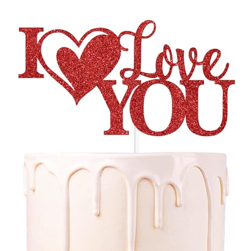 Red Glitter I Love You Cake Topper, Happy Valentine's Day/Be My Valentine, Valentine's Day Wedding Engagement Party Decorations Supplies