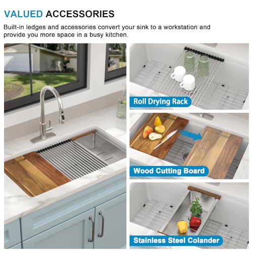 Fulorni 33"x19" Granite Composite Kitchen Sink Workstation – Undermount White Granite Quartz Composite Durable Single Bowl Under Counter Sink Basin with Integrated Ledge by Fulorni - Used condition - Image 6