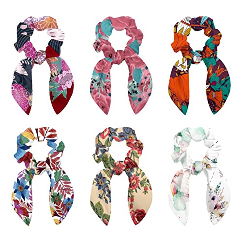 Chouchou avec nœud papillon motif floral rose pour cheveux de femme et fille (x6)