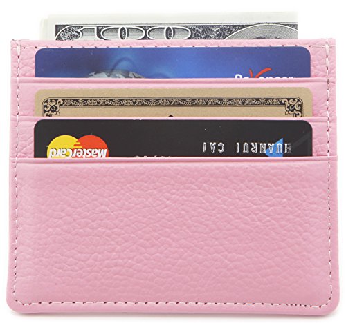 DEEZOMO Genuine Leather RFID Blocking Card Case Wallet Slim Super Thin 6 Card Slots Compact Wallet (Pink)