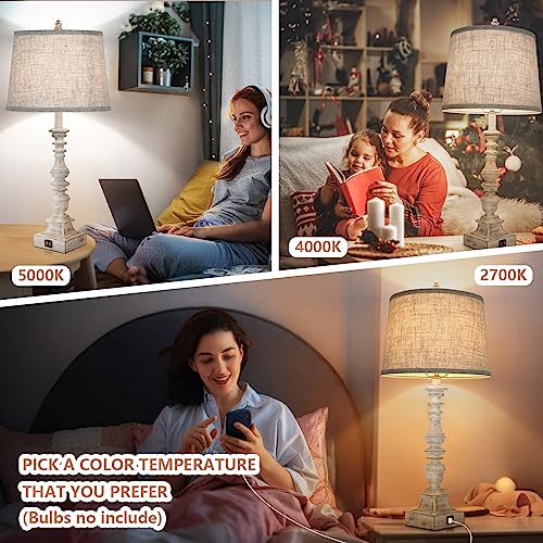 Set Of 2 Farmhouse Table Lamps, 25.7'' Tall Rustic Bedside Lamps With 2 Usb Ports, Beige Fabric Shade Nightstand Lamp, White Resin Desk Lamp With Rotary Switch For Living Room, Bedroom, Office #TOP5
